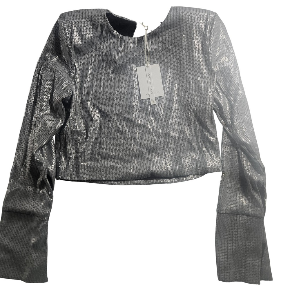 Milio Milano Blouse Womens Large Silver Sequin Long Sleeve Party Top Italy